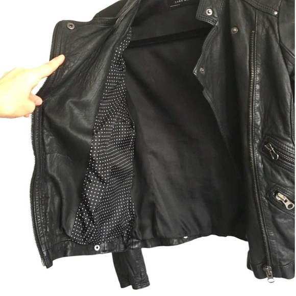 ZARA Leather Asymmetrical Moto Biker Jacket Black XS - Picture 7 of 8